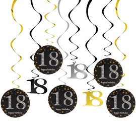18th Birthday Decoration, 18th Birthday Decoration Spirals Set, 12 Pieces Black Gold 18th Birthday Hanging Swirl Decoration for Birthday Women, 18th Birthday, Wedding, Anniversary or Party Decoration