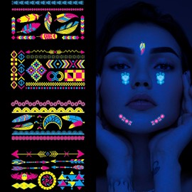 5Sheet Glow in The Dark Temporary Tattoos, UV Neon Body Face Fake Waterproof Tattoo Stickers Colorful Face Temporary Tattoo Stickers for Party Costumes Rave Festival Decoration