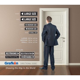 Grafkën: GRX1478 Indoor/Outdoor Plastic Sign LARGE 24 in x 6 in: RESTROOMS. ARROW LEFT (black/white) Style 1