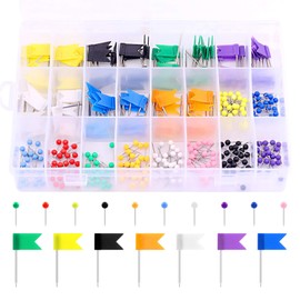 Swpeet - 305 unidades, 2 tipos, coloridos tachuelas con kit surtido de puntas de acero, cabeza redonda de bola de 1/8 pulgadas y tachuelas de bandera de mapa de 7/10 pulgadas para tablero de anuncios