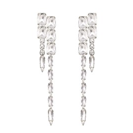 BriLove Geometric Long Earrings Crystal Rhinestone Marquise Rectangle Emerald Cut Chandelier Drop Statement for Women Party Prom Clear Silver-Tone