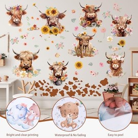 Wxiben Highland Cow Wall Decals - Cow Print Wall Stickers Decor Flower Wall Sticker Removable Floral Wall Murals Peel and Stick for Kids Baby Bedroom Nursery Playroom Bathroom Living Room Wall Decor