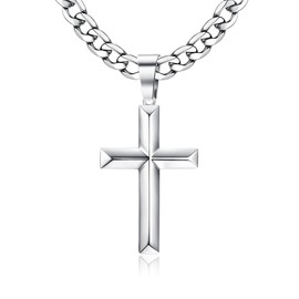 Fansilver 925 Sterling Silver Cross Pendant Necklace Diamond-Cut Cuban Link Chain Necklace Highly Polished Beveled Edge Cross Chain Necklace Silver Cross Necklace for Men Women 30 Inches