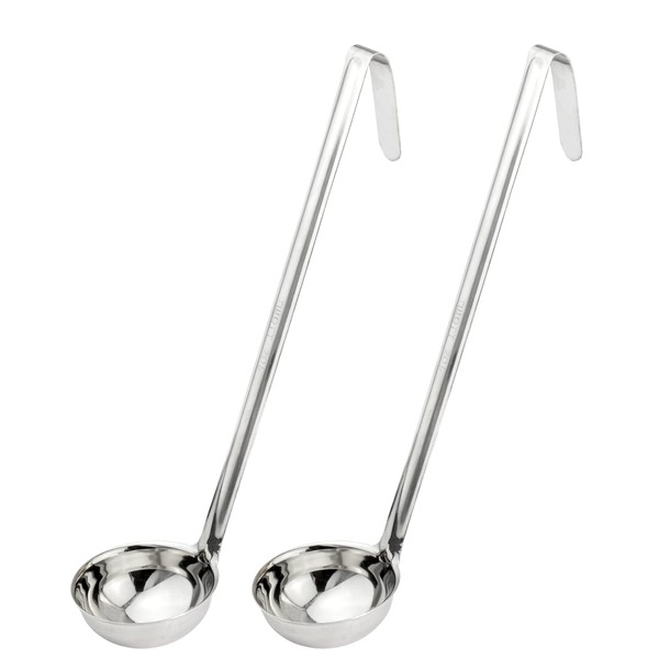 [2 Pack] 4 Oz Stainless Steel Soup Ladle - One-Piece Sauce Spatula with Hook Handles, Commercial Grade Serving Spoon, Kitchen Tool for Restaurant or Home Cooking, Mirror Finish, 13.75” Long