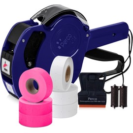 Perco Lite 1 Line Price Gun with Labels Kit - Includes 3 White Rolls, 3 Fluorescent Pink Rolls, 2 Ink Rollers, 1 Ink roll and Labels Pre-Loaded