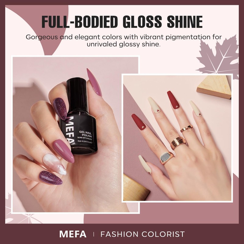MEFA Gel Nail Polish Set, 12 Colors Burgundy Red Nail