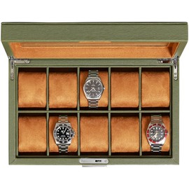 ROTHWELL 10 Slot Leather Watch Box - Luxury Case Display Jewelry Organizer - Locking Watch Display Case Holder with Large Glass Top - Box Organizer for Men and Women (Green/Tan)
