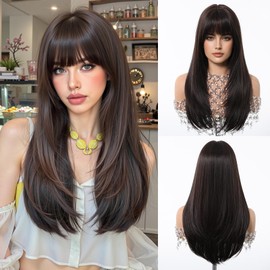 Esmee Long Straight Dark Brown Wigs for Women with Fringe, Natural Looking Synthetic Hair Wig for Daily Use & Party