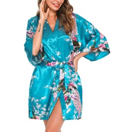 Vlazom Kimono Satin Robe Dressing Gown Short V-Neck Bathrobe with Belt Kimono Robe for Women, Sea blue