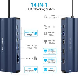 USB C Docking Station Dual HDMI Monitor, Laptop Docking Station 3 Monitors, 2 * 4K HDMI+1080p VGA+100W PD+Ethernet+3 USBC 10Gbps+SD/TF+Audio Adapter, USB C Hub for Dell/Lenovo/HP/ThinkPad