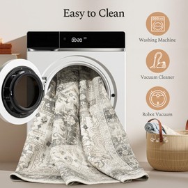 Rugflix 8x10 Area Rugs for Living Room, Machine Washable Rug Non Slip Stain Resistance, Large Rug Vintage Distressed Soft Carpet for Bedroom, Dining Room, Home Office, Beige Grey