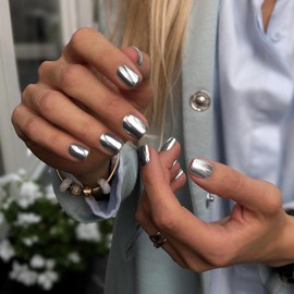 White Silver Chrome Square Press on Nails Short,SXVME Metallic Fake Nails Acrylic Press ons,Mirror Metal Chrome Nails Glue on Nails Short Coffin Nails False Nail with Design in 24 PCS