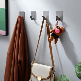 Taozun 4 Pack Sticky Adhesive Hooks - No Damage Wall/Door Hangers for Bathroom Towels, Coats, Purses, Keys - Stainless Steel, Ideal for Dorms & Home, Grey