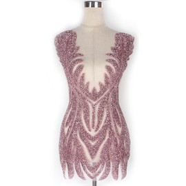 Labellezalady Pink Rhinestones Beads Bodice for Back or fround Applique Patch Deep-V Neck to Make Bridal Prom Dress (Pink-F2201)