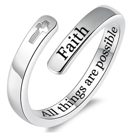 JXJL 925 Sterling Silver Inspirational Jewelry Adjustable Wrap Open Ring Encouragement Gift for Women(Faith All things are possible), Metal, Cubic Zirconia