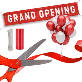 SIRCLES SIRCLES Grand Opening Ribbon Cutting Ceremony Kit - 25" Giant Scissors, 5yd of 4" Wide Ribbon, 10ft Banner, 8 Red & 8 White Balloons, 19 ft Banner Rope, 2 Rolls Balloon Ribbon - Grand Opening Kit