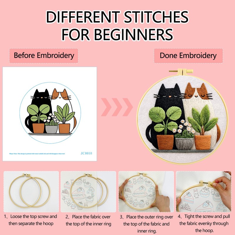 Zhenqing Cats and Potted Plants Embroidery Kit for Beginners, Pre-Printed