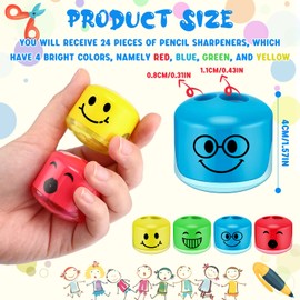 Crtiin 24 Pcs Smile Pencil Sharpeners Handheld Pencil Sharpener Manual Dual Holes Pencil Sharpeners Colorful Cartoon Expression Pencil Sharpener for School Office Art Room