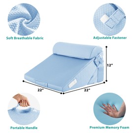 Bedluxe Bedluxe 3Pcs Orthopedic Bed Wedge Pillow Set, Foam Wedge Pillow Post Surgery for Back, Leg and Knee Support, Adjustable 9&12 Inch Folding Triangle Pillow for Sleeping, Acid Reflux, Snoring, Light Blue