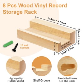 twinklemon 8PCS Vinyl Record Shelf Wall Mount Album Record Holder Wall Wooden Floating Shelves Small Wall Record Holder Display Shelf for Bedroom Living Room Home Decor