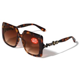 V.W.E. Women Square Oversized Rhinestones Gem Bifocal Reading Sunglasses - Outdoor Readers (Tortoise, 3.25, x)