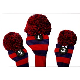 Majek Blue Red Golf Club Head Covers Retro Throwback Classic Premium Limited Edition Pom Pom Style Knit Headcover Set Fits up to 460cc Big Rocket Drivers and Metal Fairway Woods. Dress up Your Clubs!