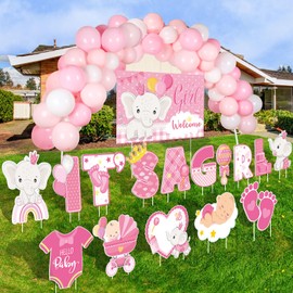 Hollowfly 15 Pcs Its a Girl Yard Sign Gender Reveal Decorations Welcome Baby Shower Yard Lawn Sign with Stakes Large Letters Elephant Pink Balloons for Outdoor Indoor Lawn Garden Home Party