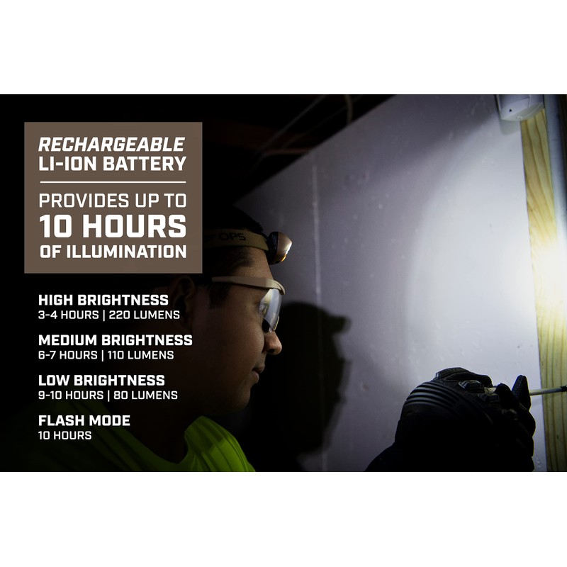 Spec Ops Tools Rechargeable LED Headlamp, 220 Lumens, Waterproof, Adjustable