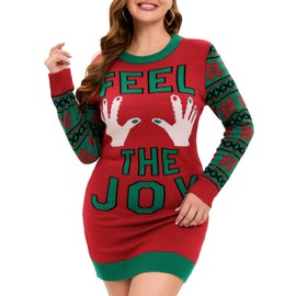 IFFEI Womens Ugly Christmas Sweater Novelty Print Knitted Funny Christmas Sweater for Holiday Parties Red-Joy Dress L