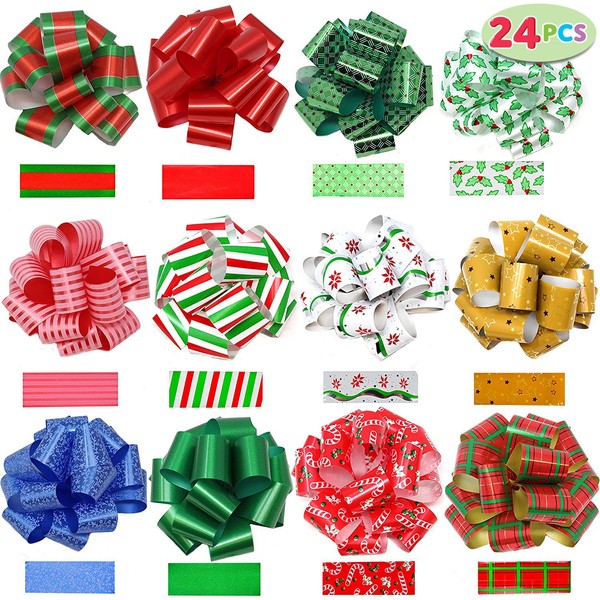 JOYIN 24 Pieces Christmas Gift Wrap Ribbon Pull Bows (5" Wide); Easy and Fast Gift Wrapping Accessory for Christmas Gifts, Bows, Baskets, Wine Bottles Decoration, Gift Wrapping and Decoration Present.