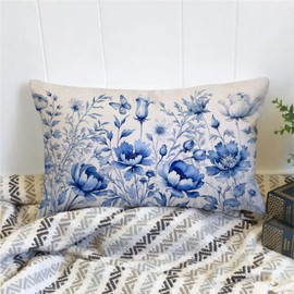 MIGEEN Blue Flower Throw Pillow Covers 12x20 Inch Chinoiserie Pillow Cover Spring Summer Blue Floral Outdoor Pillow Cases Farmhouse Cushion Covers for Couch Sofa Bedroom Chinoiserie Decor