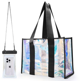 Large Beach Bag for Women, Clear Beach Tote Bag Waterproof & Sandproof with Phone Pouch, Tip-Proof Iridescent Pool Tote Bag for Swim, Travel, Boat Bag