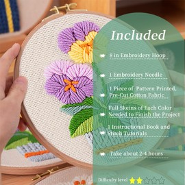 FONNUY Embroidery Kit for Beginners，3D Plants Flowers Pre-Stamped Pattern Kits Brightly Colored for Adults with Hoop (Purple Orchid)