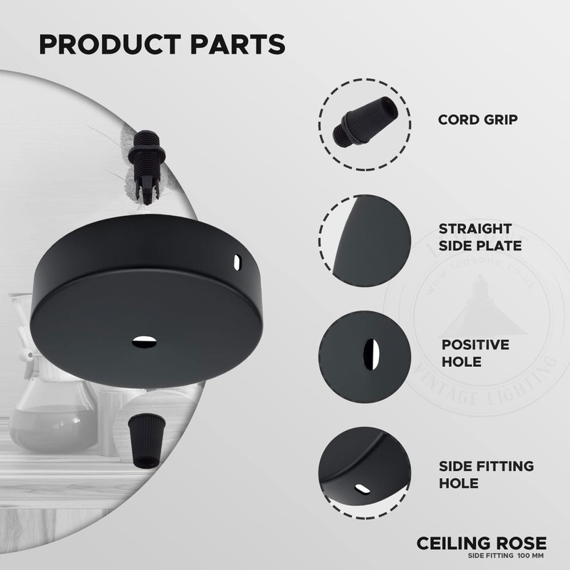 LEDSone 100mm Black Ceiling Rose Pendant Lamp with Cable Handle