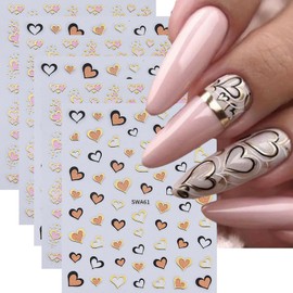Valentine's Day Nail Stickers Gold Edge Love Heart 3D Self-Adhesive Nail Decals Sparkly Pink Brown Love Heart Design Nail Art Stickers Valentine's Day Nail Art Supplies for Women Nail Decor, 6PCS