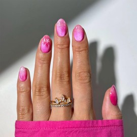 24Pcs Pink Fake Nails Short Almond Press on Nails Flower False Nails Gradient Nails Press Ons with Flower Designs DIY Stick on Nail Glossy Glue on Nail for Women and Girls