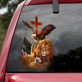 Premium Lion Family Car Sticker with Jesus Cross & Eagle Holding American Flag – Durable & Waterproof Vinyl Decal for Car Window – Christian Gift for Jesus Believers – 9 x 6 Inches