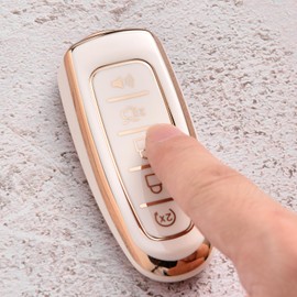 ELOHEI Key Fob Cover for Ford C-Max Edge Escape Expedition Explorer Flex Focus Taurus Lincoln MKS MKT MKX Premium Soft TPU 360 Degree Full Protection Key Case (Gold Edge White)