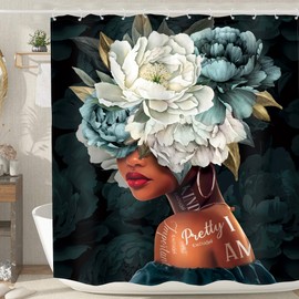 MESHELLY Black Girl Flower Shower Curtain 60Wx72H African American Navy Blue White Peony Floral Bathroom Curtain Inspirational Quotes Bath Curtain Black Woman Teal Bathroom Decor Fabric with 12 Hooks