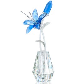 H&D HYALINE & DORA Crystal Calla Lily Flower Figurine Collectible Wedding Bouquets with Crystal Vase for Home Wedding Party Decor, Blue Flower with Sliver Metal Stem