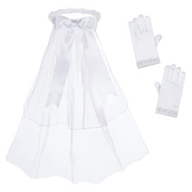 Bonnie Jean Juego de velo y guantes de primera comunión con perlas y lentejuelas, Corona de perlas blancas, Talla única