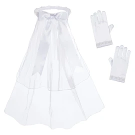 Bonnie Jean Juego de velo y guantes de primera comunión con perlas y lentejuelas, Corona de perlas blancas, Talla única