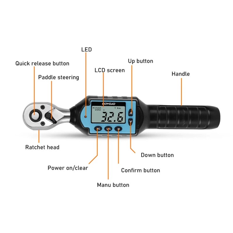 GOYOJO 3~100N.m. Digital Torque Wrench 1/2 inch Ratchet Head Adjustable