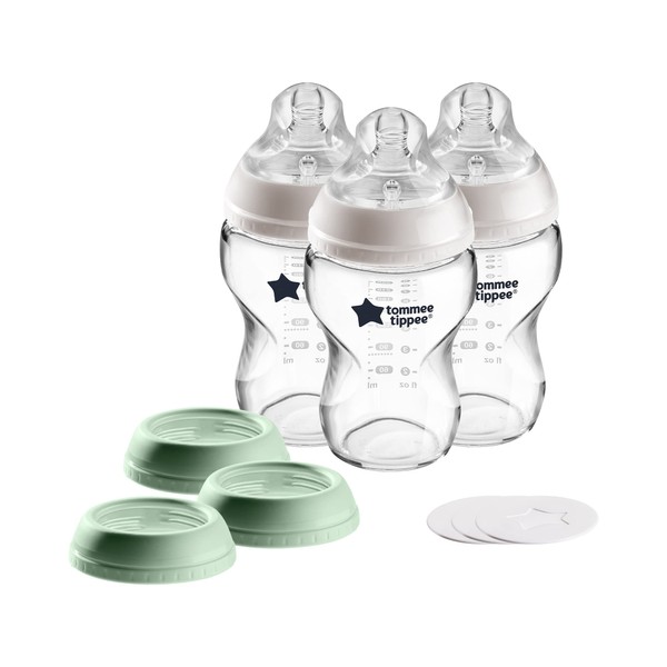 Tommee Tippee Closer to Nature 3 in 1 Convertible Glass Baby Bottles, Slow Flow Nipples - 9oz, 3ct