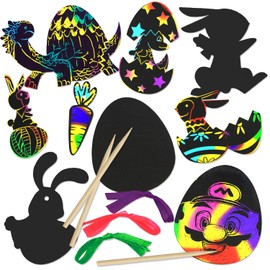 FINGOOO 48 pieces Easter Scratch Art for Kids Egg Scratch Cards Easter Decoration Party Bag Fillers