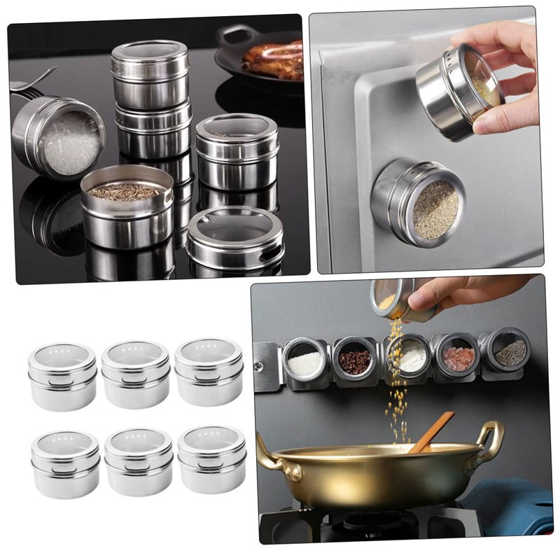 KICHOUSE Modern 6pcs Stainless Steel Spice Tin Magnetic Salt Pepper
