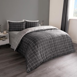 OHS Double Bed Duvet Covers with Pillowcases, Check Quilt Covers Bed Set Soft Reversible Gingham Lined Breathable Bedding, Grey & Black