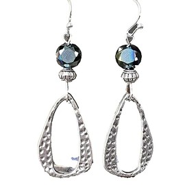 Etched Silver Teardrop and Reversible Iridescent Blue or Black Bead Earrings Jewelry Earrings for Women #3298FE3557