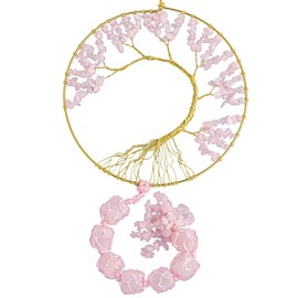 KYEYGWO Rose Quartz Stone Tree of Life Hanging Ornament with Rose Quartz Tumbled Stones, Healing Crystal Hanging Gemstone Dream Catcher, Handmade Wind Chimes, Hanging Decoration for Home, Office,