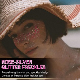 10 Pcs Rose-Silver Dual-Tone Glitter Freckles, Double Colors Glitter Freckles Face Tattoo, Waterproof Face Sparkle Freckles, Long-Lasting 48h Freckles for Women